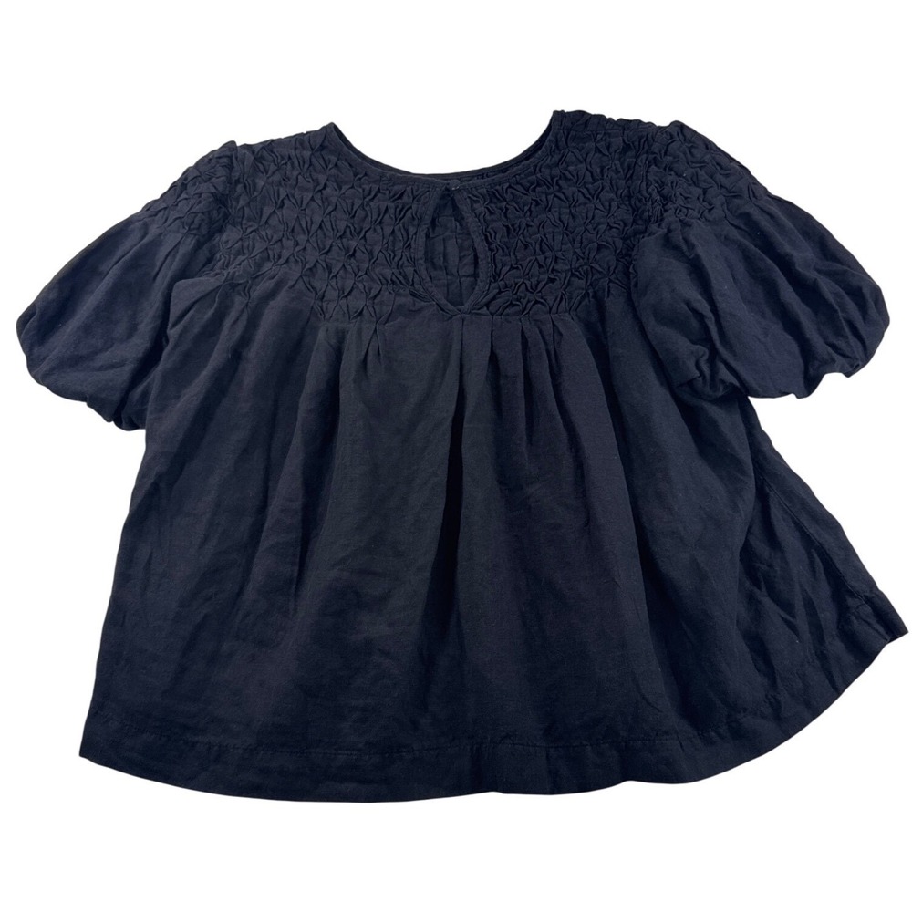 Anthropologie The Liza Smocked Blouse Women Medium Navy Blue Excellent Linen Mix
